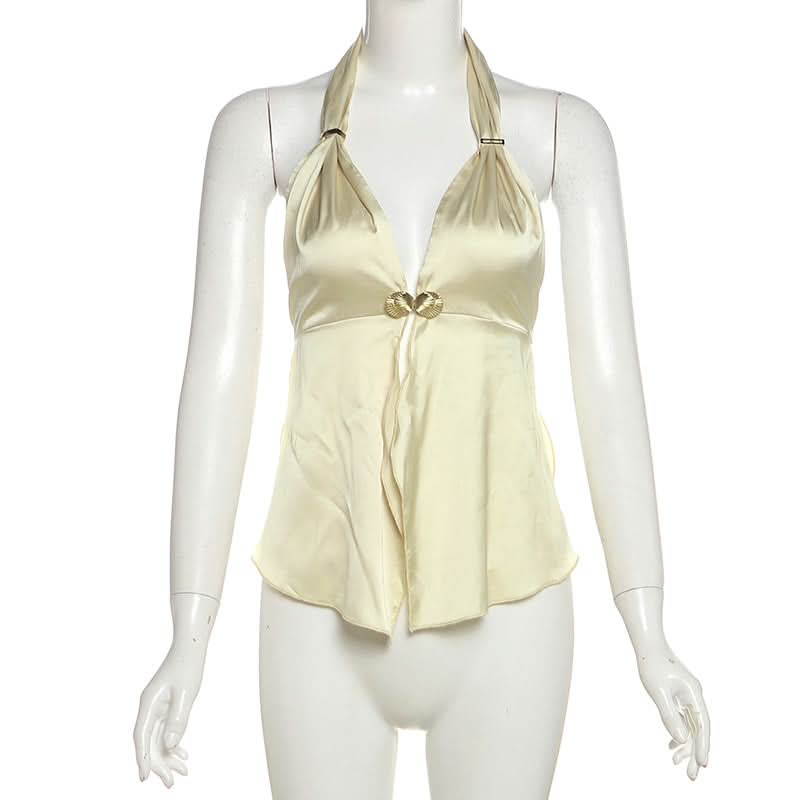 Sultry Black Satin Halter Top with Gold Shell Appliques – Your Ultimate Fall & Holiday Party Statement Piece