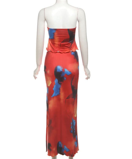 Fiery Abstract Print Strapless Crop Top & Slit Maxi Skirt Set | Vacation Ready