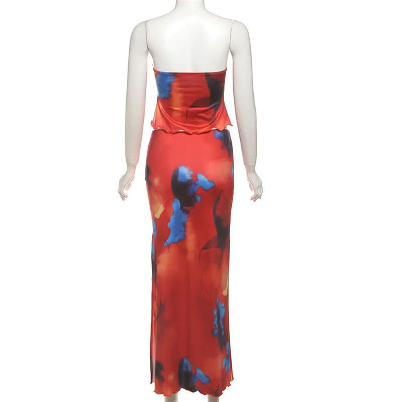 Fiery Abstract Print Strapless Crop Top & Slit Maxi Skirt Set | Vacation Ready