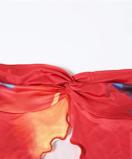 Fiery Abstract Print Strapless Crop Top & Slit Maxi Skirt Set | Vacation Ready