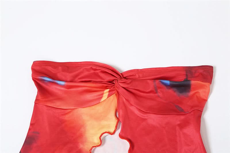 Fiery Abstract Print Strapless Crop Top & Slit Maxi Skirt Set | Vacation Ready