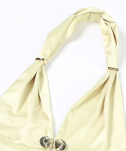 Sultry Black Satin Halter Top with Gold Shell Appliques – Your Ultimate Fall & Holiday Party Statement Piece