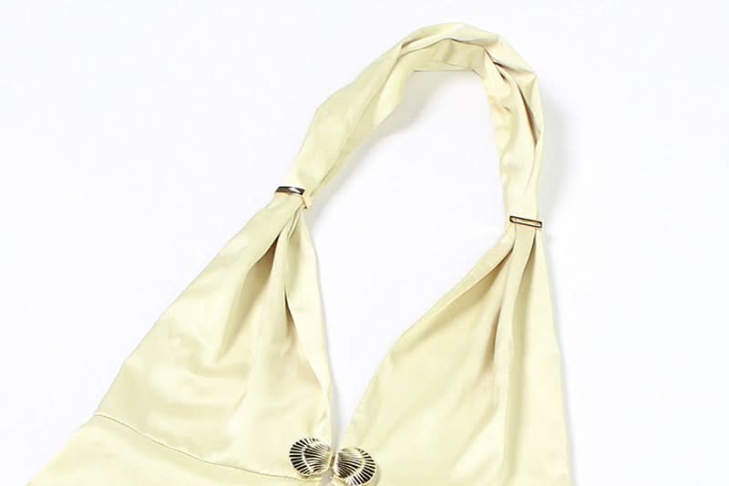 Sultry Black Satin Halter Top with Gold Shell Appliques – Your Ultimate Fall & Holiday Party Statement Piece