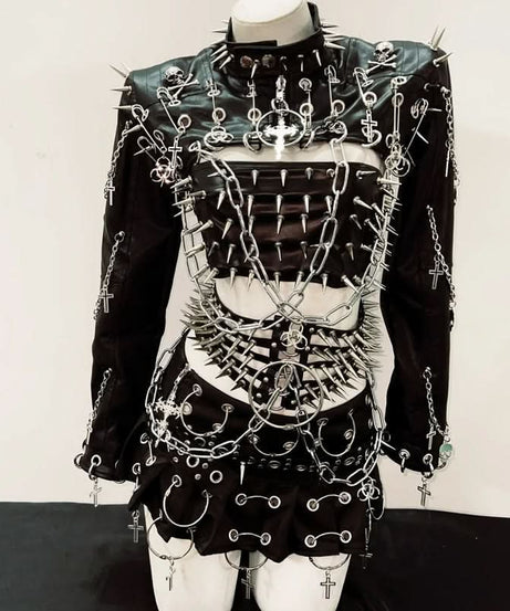Unleash Your Inner Vixen: Extreme Spiked & Chained Gothic Punk PU Leather Set - Perfect for Halloween & Fall Festivals