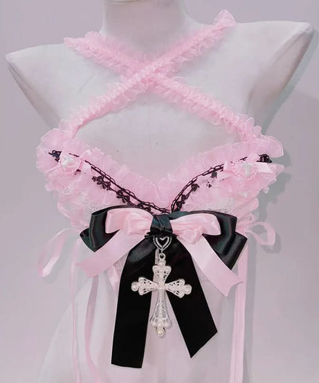 Enchanting Pastel Goth Coquette Ruffle Top with Cross & Bow Accents | Spooky Sweet Fall Fashion