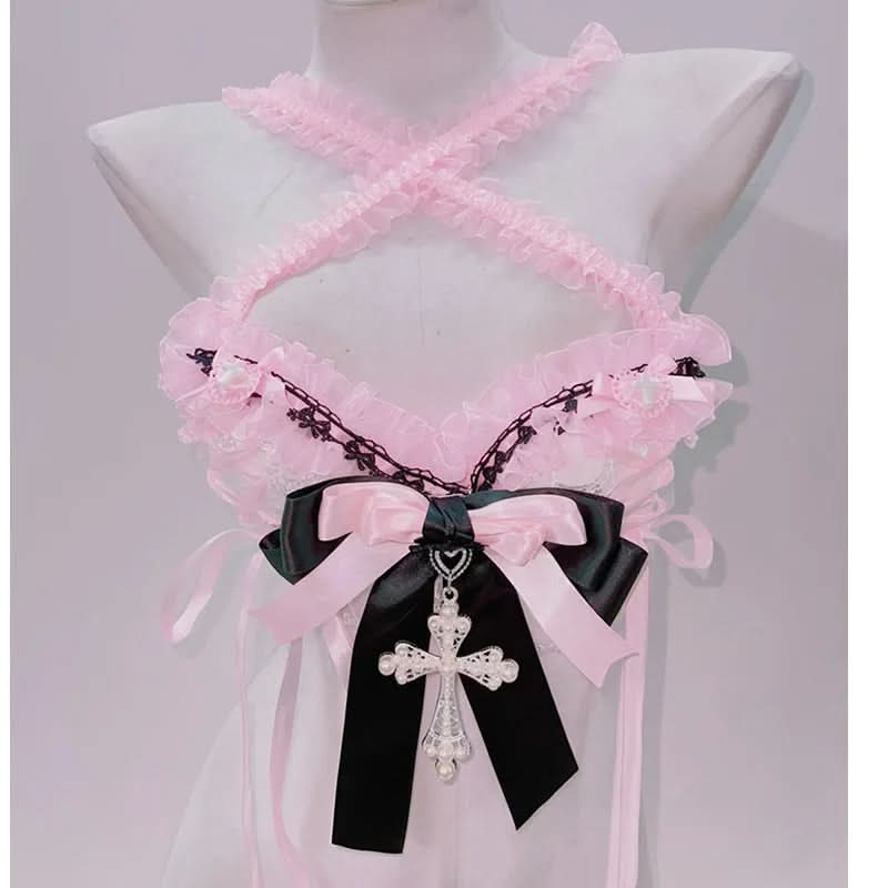 Enchanting Pastel Goth Coquette Ruffle Top with Cross & Bow Accents | Spooky Sweet Fall Fashion