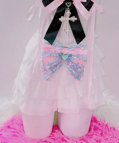 Enchanting Pastel Goth Coquette Ruffle Top with Cross & Bow Accents | Spooky Sweet Fall Fashion