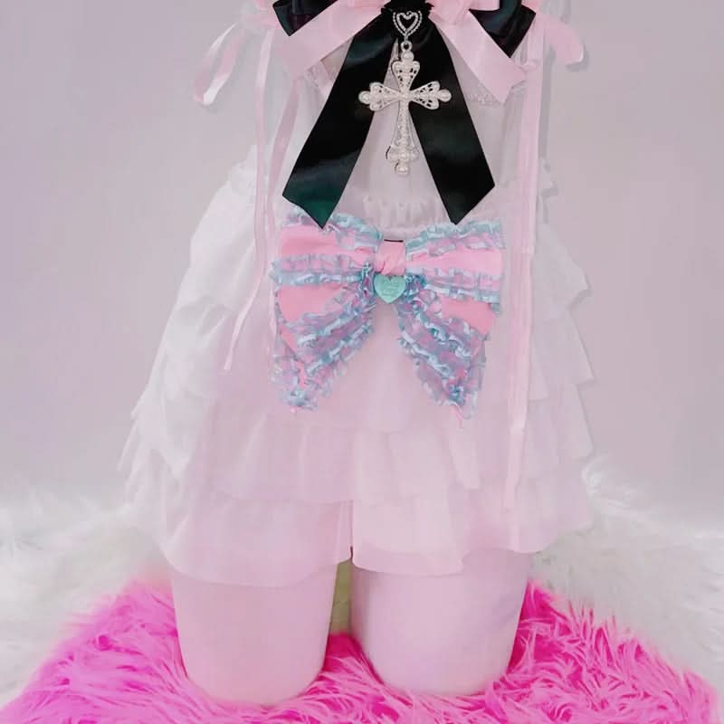 Enchanting Pastel Goth Coquette Ruffle Top with Cross & Bow Accents | Spooky Sweet Fall Fashion