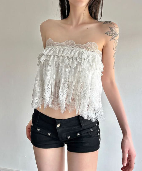 Chic White Lace Ruffle Tube Top | Trendy Y2K Coquette Cropped Cami for Fall Layers & Vacations