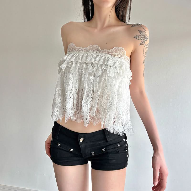 Chic White Lace Ruffle Tube Top | Trendy Y2K Coquette Cropped Cami for Fall Layers & Vacations