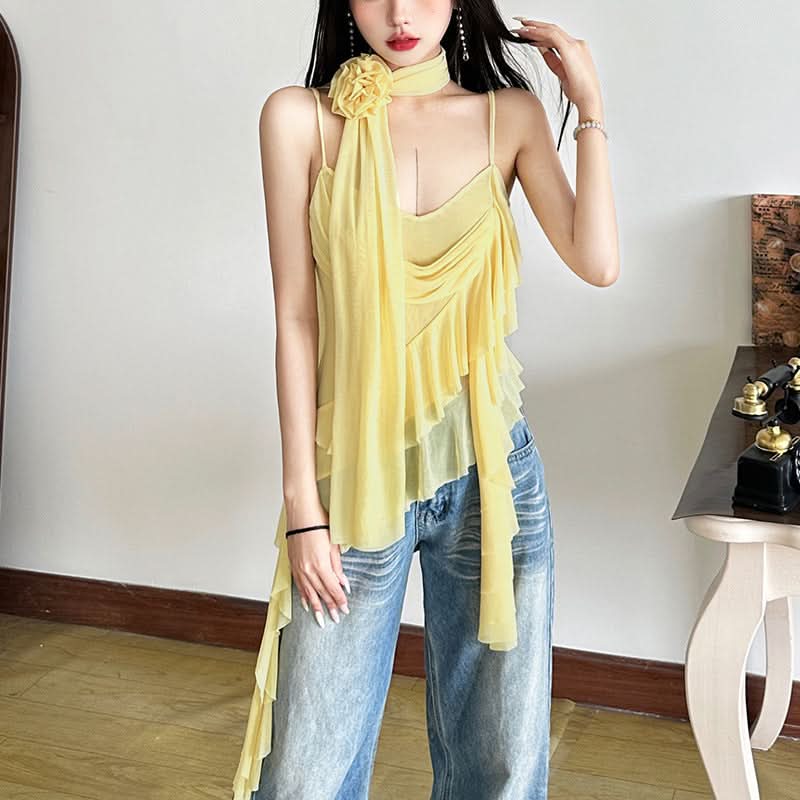 Golden Hour Goddess Ruffle Mesh Cami Top & Floral Choker Set – Fall's Whimsical Statement Piece