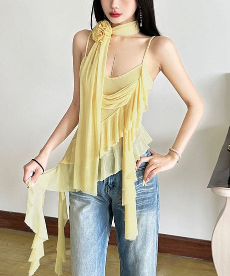 Golden Hour Goddess Ruffle Mesh Cami Top & Floral Choker Set – Fall's Whimsical Statement Piece