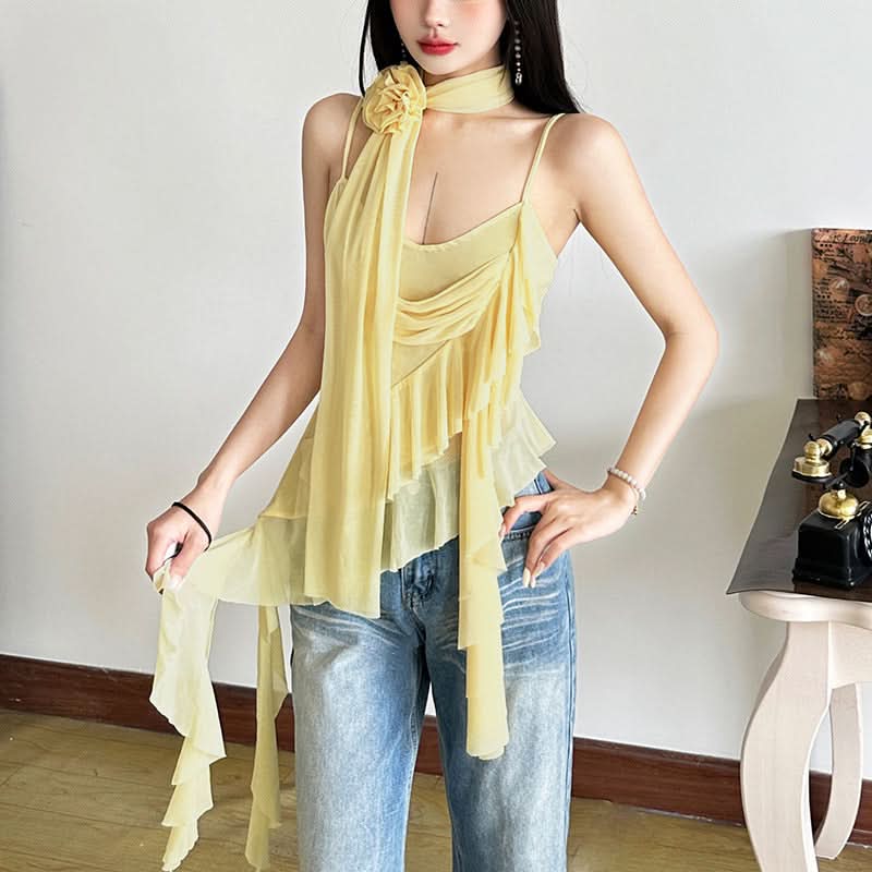 Golden Hour Goddess Ruffle Mesh Cami Top & Floral Choker Set – Fall's Whimsical Statement Piece