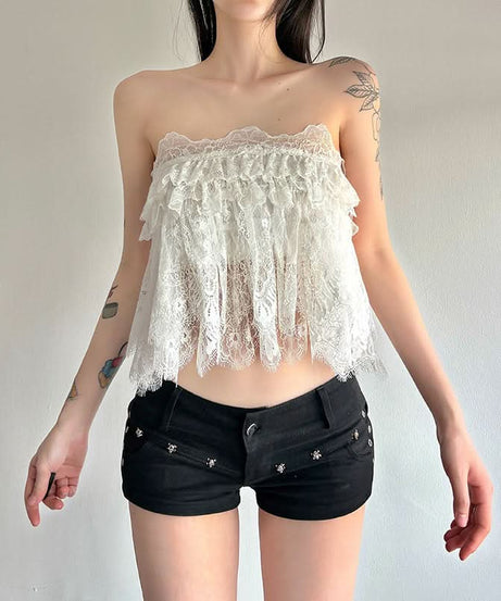 Chic White Lace Ruffle Tube Top | Trendy Y2K Coquette Cropped Cami for Fall Layers & Vacations