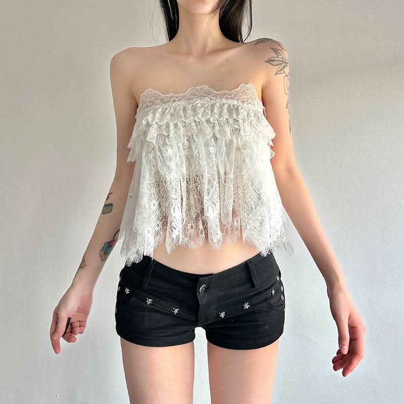 Chic White Lace Ruffle Tube Top | Trendy Y2K Coquette Cropped Cami for Fall Layers & Vacations
