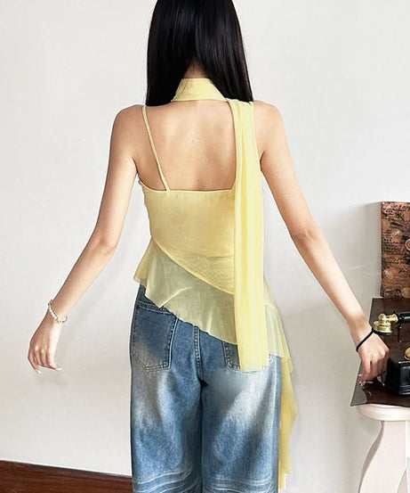 Golden Hour Goddess Ruffle Mesh Cami Top & Floral Choker Set – Fall's Whimsical Statement Piece