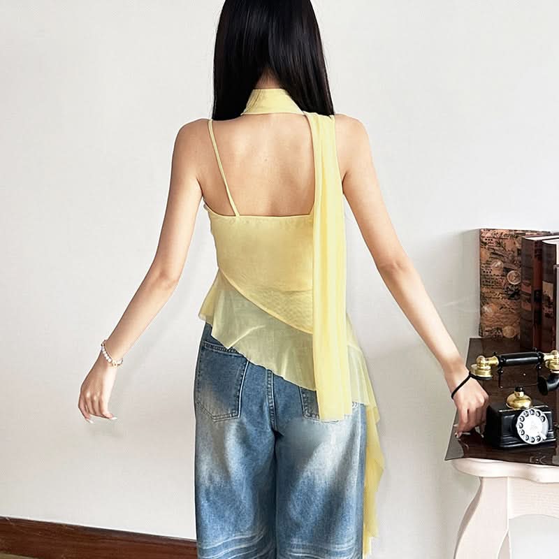 Golden Hour Goddess Ruffle Mesh Cami Top & Floral Choker Set – Fall's Whimsical Statement Piece