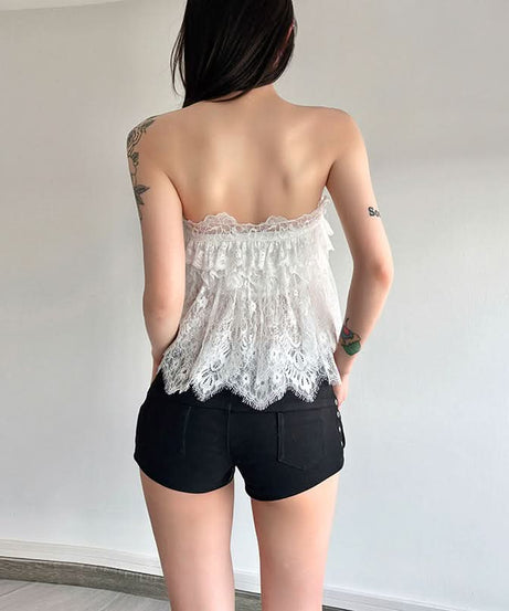 Chic White Lace Ruffle Tube Top | Trendy Y2K Coquette Cropped Cami for Fall Layers & Vacations