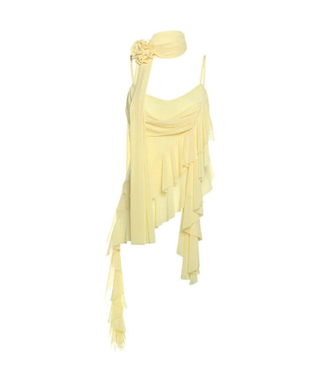 Golden Hour Goddess Ruffle Mesh Cami Top & Floral Choker Set – Fall's Whimsical Statement Piece