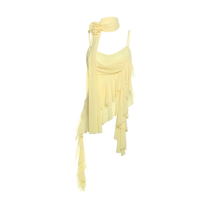 Golden Hour Goddess Ruffle Mesh Cami Top & Floral Choker Set – Fall's Whimsical Statement Piece