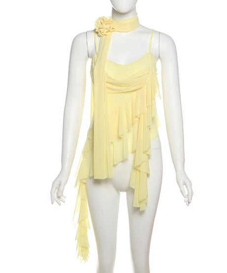 Golden Hour Goddess Ruffle Mesh Cami Top & Floral Choker Set – Fall's Whimsical Statement Piece