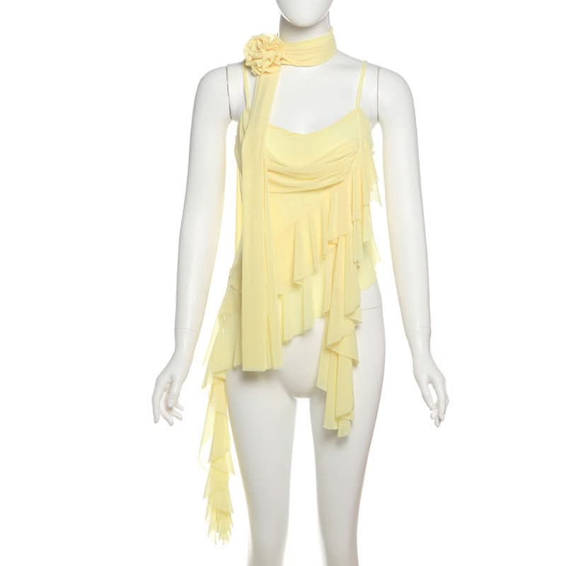 Golden Hour Goddess Ruffle Mesh Cami Top & Floral Choker Set – Fall's Whimsical Statement Piece