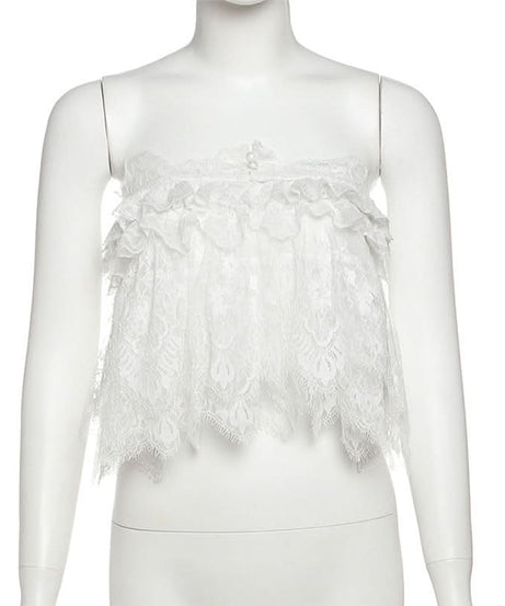 Chic White Lace Ruffle Tube Top | Trendy Y2K Coquette Cropped Cami for Fall Layers & Vacations