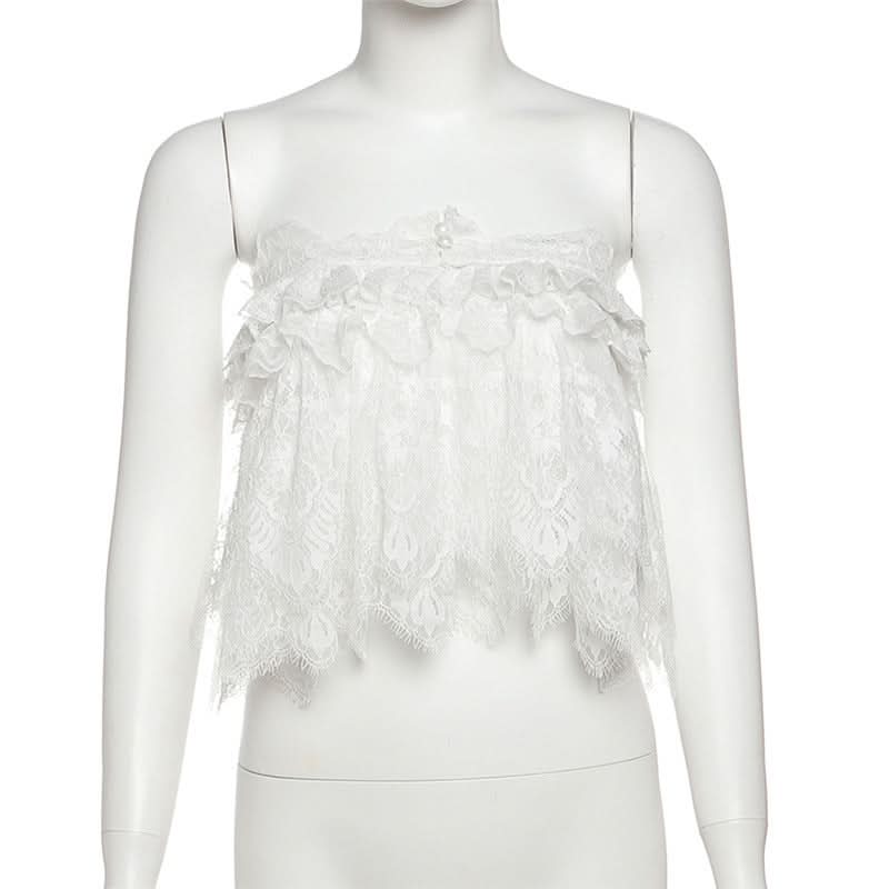 Chic White Lace Ruffle Tube Top | Trendy Y2K Coquette Cropped Cami for Fall Layers & Vacations