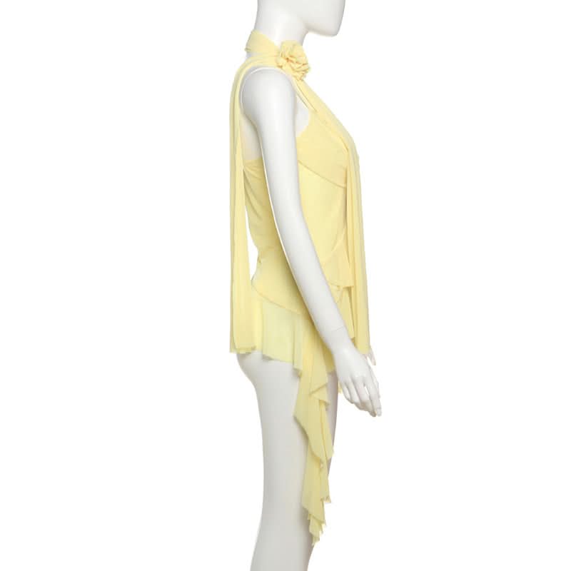 Golden Hour Goddess Ruffle Mesh Cami Top & Floral Choker Set – Fall's Whimsical Statement Piece