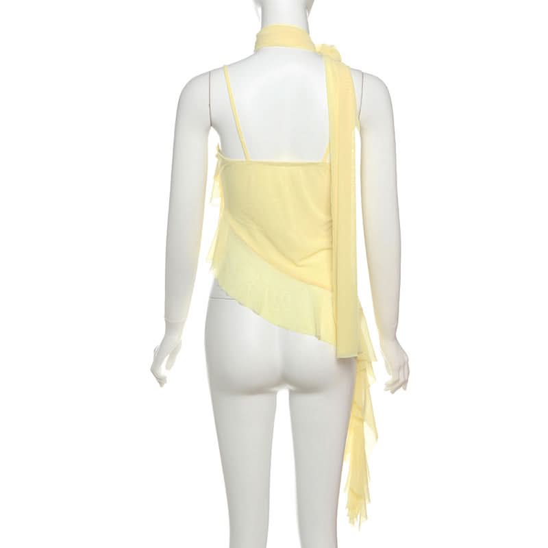 Golden Hour Goddess Ruffle Mesh Cami Top & Floral Choker Set – Fall's Whimsical Statement Piece