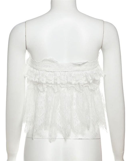 Chic White Lace Ruffle Tube Top | Trendy Y2K Coquette Cropped Cami for Fall Layers & Vacations