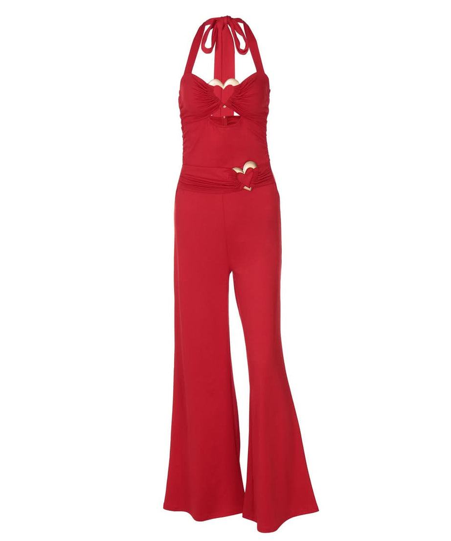Stunning Red Halter Jumpsuit with Gold Heart Details | Your Festive Fall & Holiday Party Statement