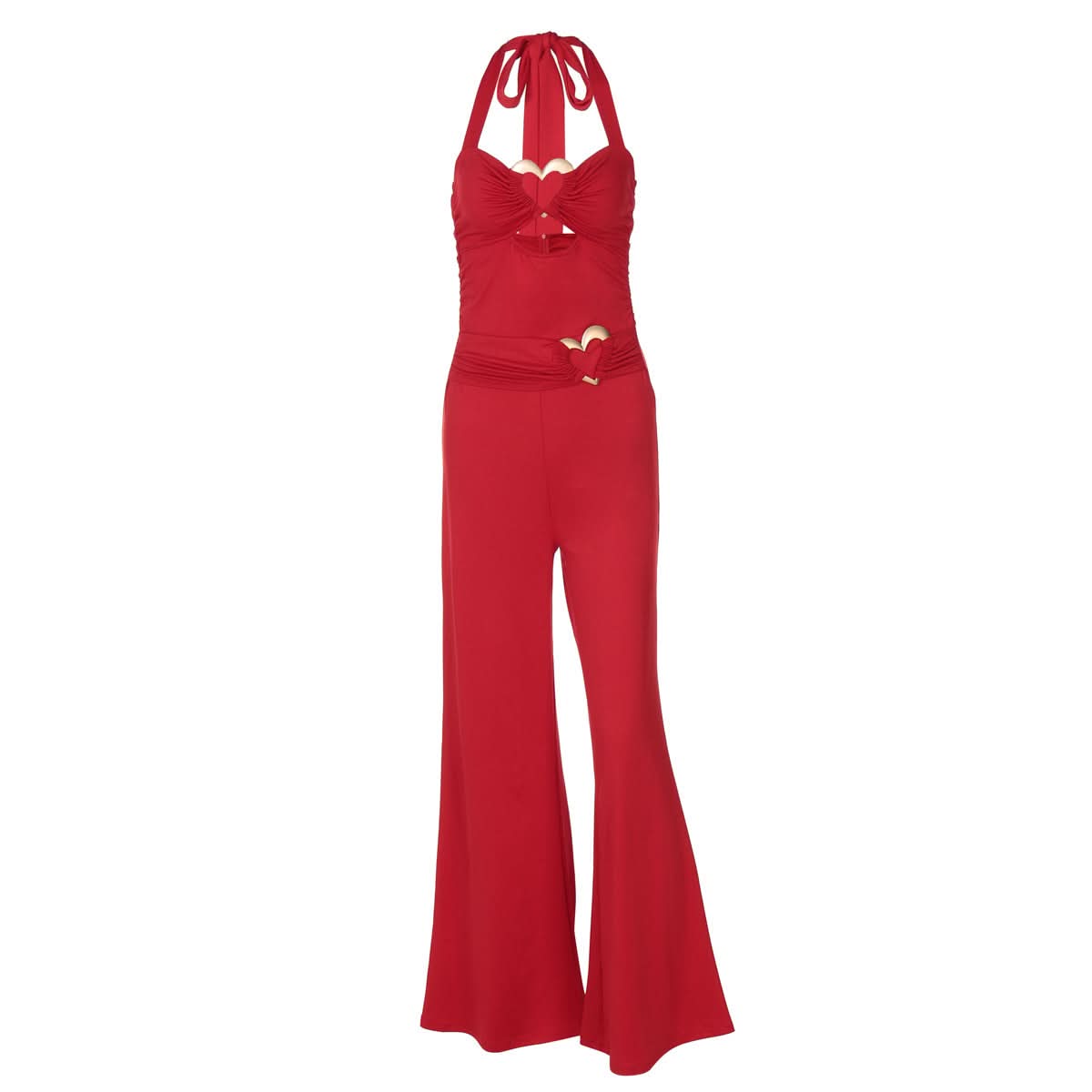 Stunning Red Halter Jumpsuit with Gold Heart Details | Your Festive Fall & Holiday Party Statement