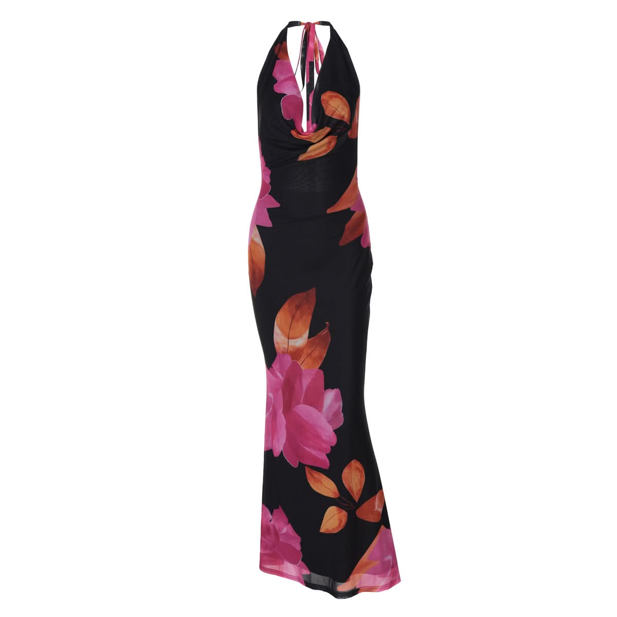 Radiant Floral Halter Cowl Neck Mesh Maxi Dress – Chic for Fall Getaways & Evening Events