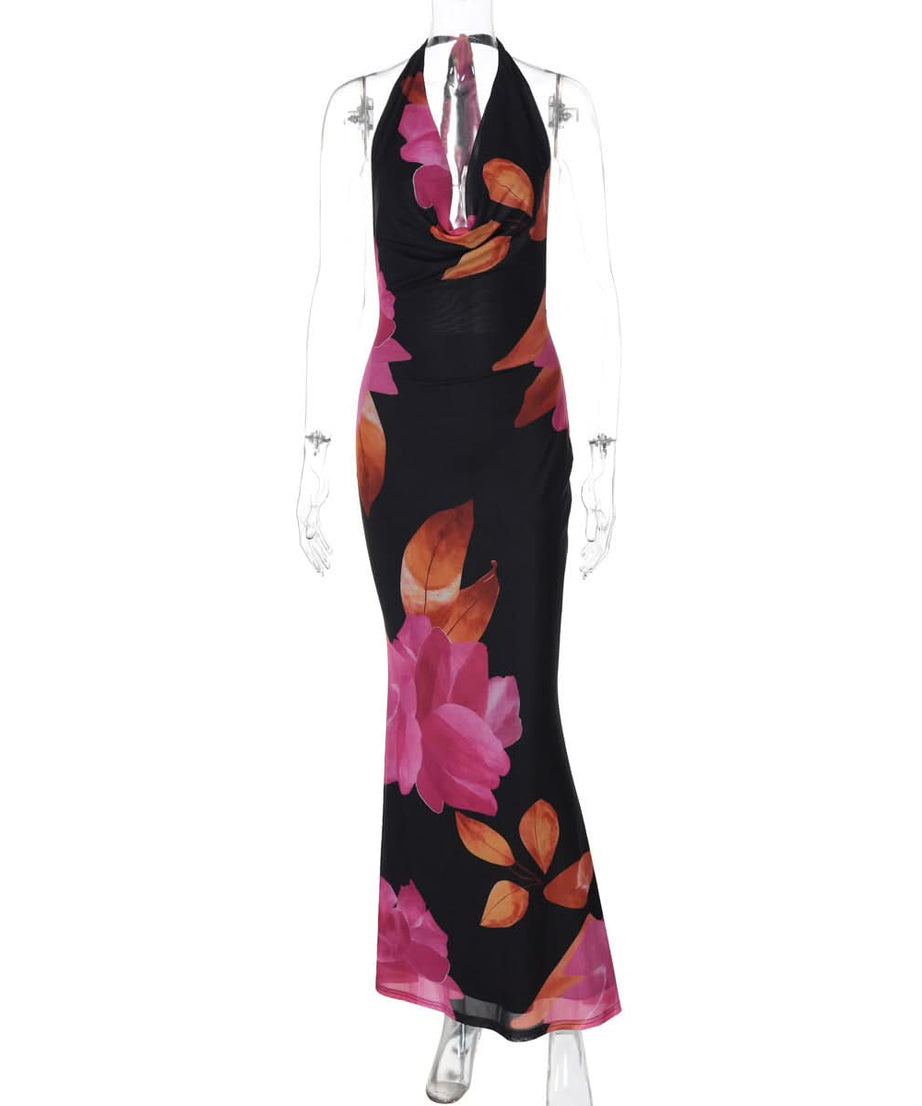 Radiant Floral Halter Cowl Neck Mesh Maxi Dress – Chic for Fall Getaways & Evening Events