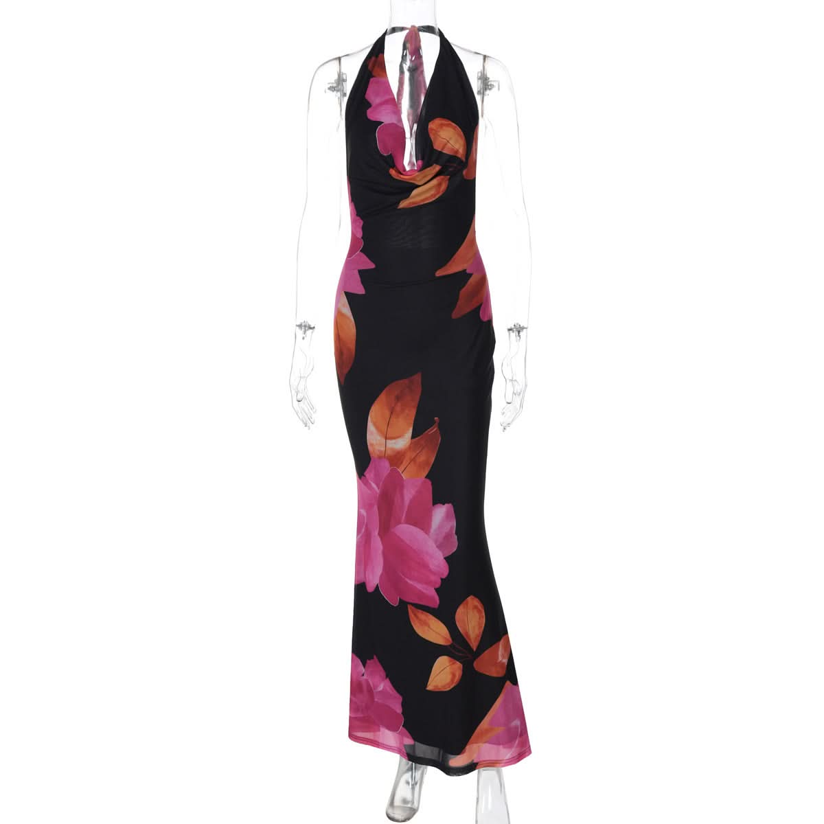 Radiant Floral Halter Cowl Neck Mesh Maxi Dress – Chic for Fall Getaways & Evening Events
