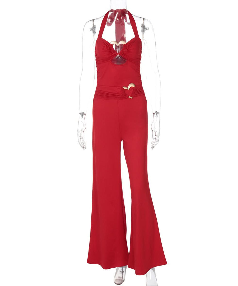 Stunning Red Halter Jumpsuit with Gold Heart Details | Your Festive Fall & Holiday Party Statement