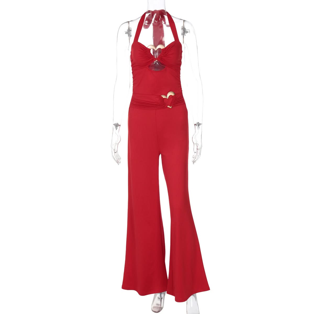 Stunning Red Halter Jumpsuit with Gold Heart Details | Your Festive Fall & Holiday Party Statement