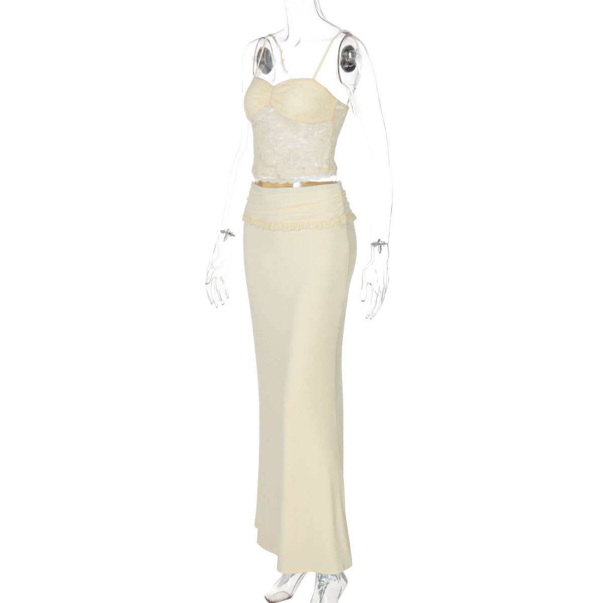 Romantic Lace Sweetheart Cami & Ruched Maxi Skirt Set - Elegant Fall & Holiday Style