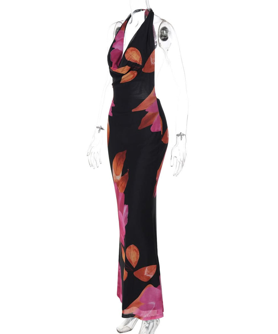 Radiant Floral Halter Cowl Neck Mesh Maxi Dress – Chic for Fall Getaways & Evening Events