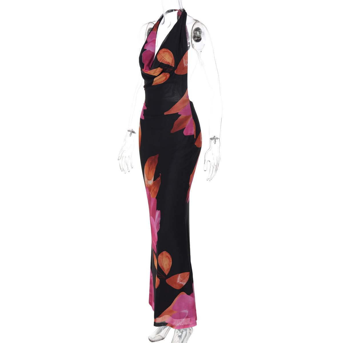 Radiant Floral Halter Cowl Neck Mesh Maxi Dress – Chic for Fall Getaways & Evening Events