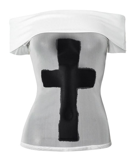 Rebel Chic Mesh Cross Off-Shoulder Top - Spooky Season & Beyond