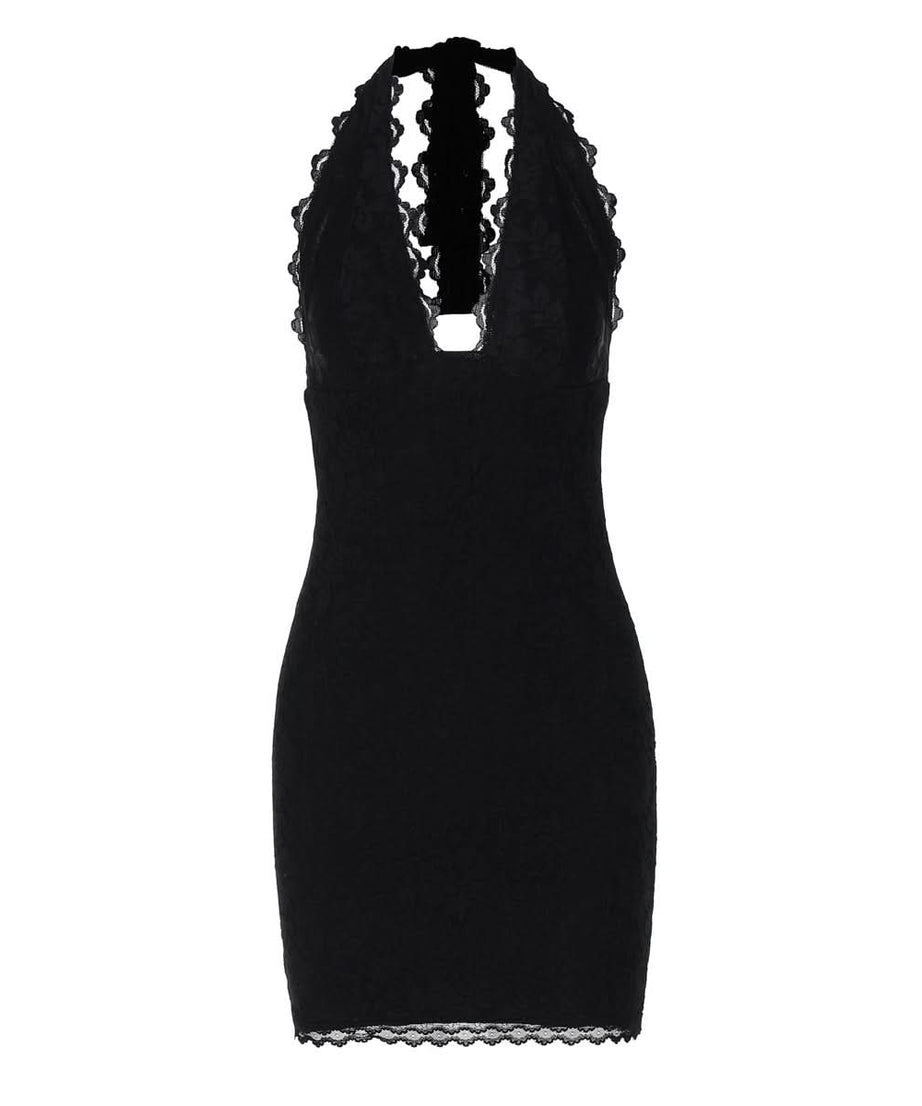 Autumn Allure: Black Lace Halter Bodycon Mini Dress - Your Chic Go-To for Fall & Holiday Parties