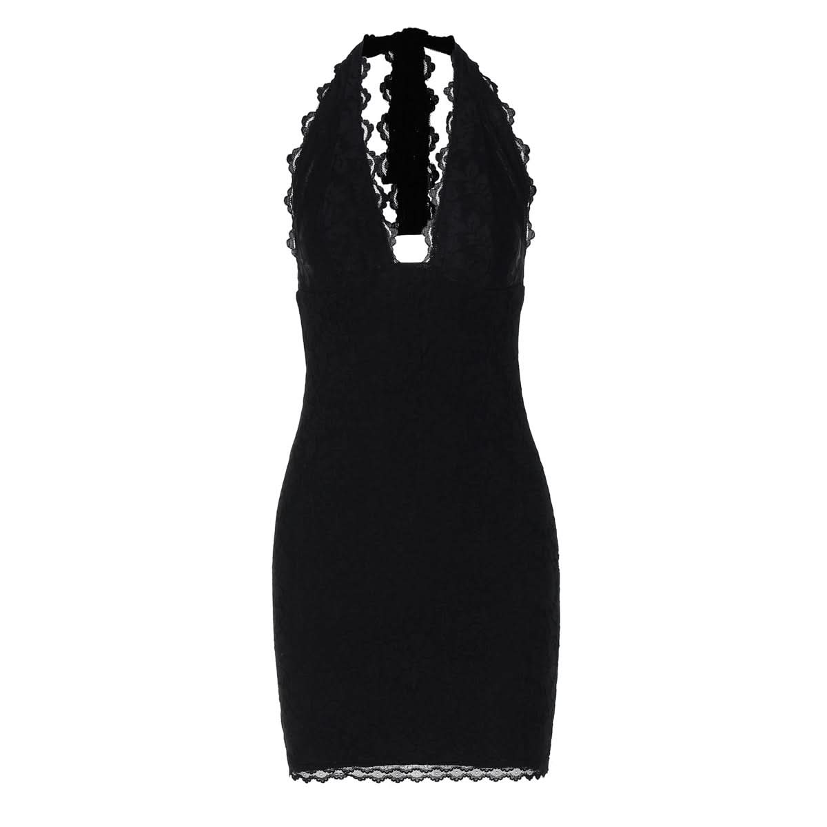 Autumn Allure: Black Lace Halter Bodycon Mini Dress - Your Chic Go-To for Fall & Holiday Parties