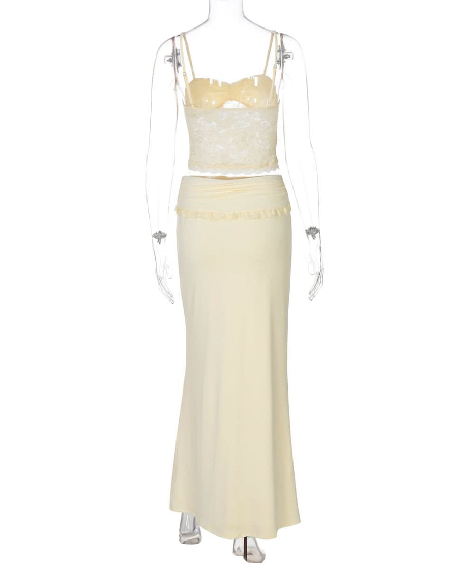 Romantic Lace Sweetheart Cami & Ruched Maxi Skirt Set - Elegant Fall & Holiday Style