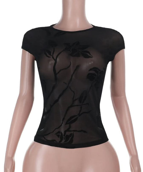 Dark Romance Flocked Floral Sheer Mesh Cap Sleeve Top - Fall's Enchanted Layer