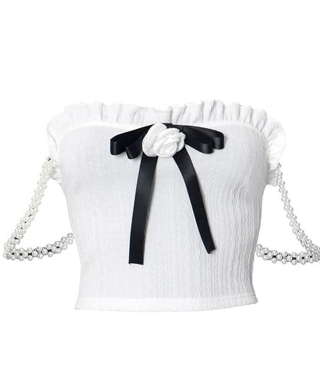 Chic Coquette Bow & Pearl Ruffle Crop Top - Strapless Fall Party & Holiday Ready