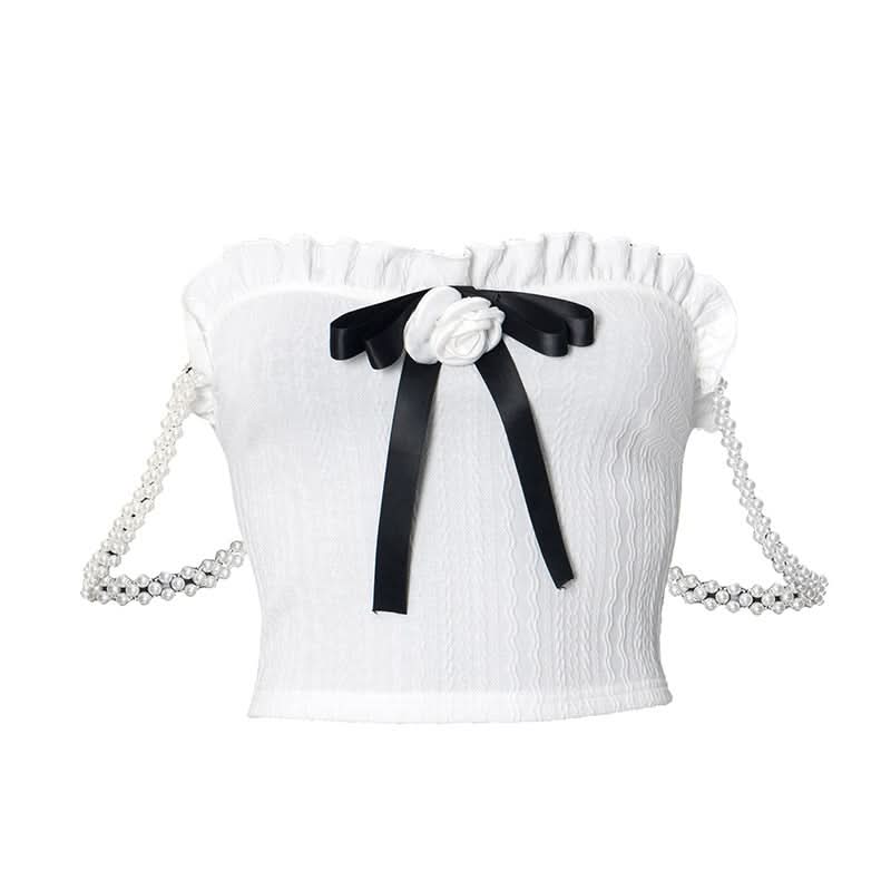 Chic Coquette Bow & Pearl Ruffle Crop Top - Strapless Fall Party & Holiday Ready