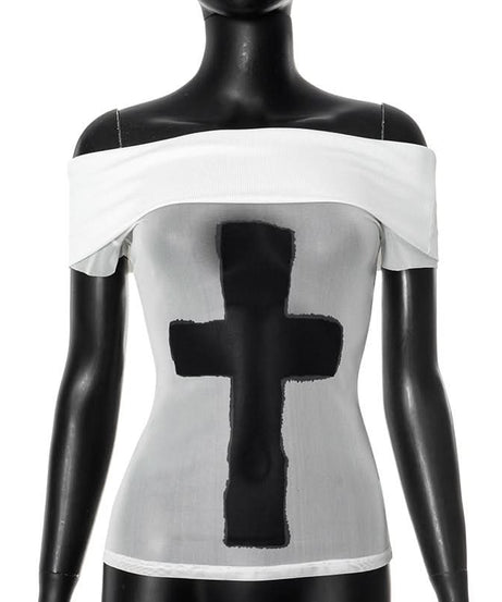 Rebel Chic Mesh Cross Off-Shoulder Top - Spooky Season & Beyond