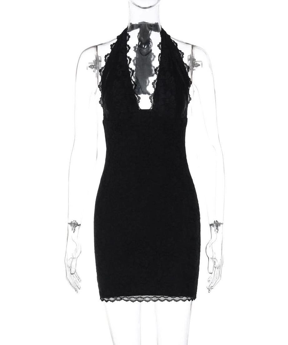 Autumn Allure: Black Lace Halter Bodycon Mini Dress - Your Chic Go-To for Fall & Holiday Parties